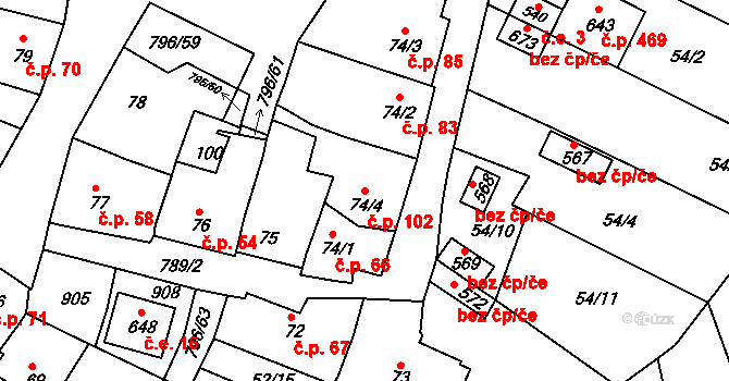 Sady 102, Uherské Hradiště na parcele st. 74/4 v KÚ Sady, Katastrální mapa