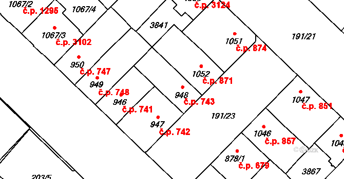 Břeclav 743 na parcele st. 948 v KÚ Břeclav, Katastrální mapa