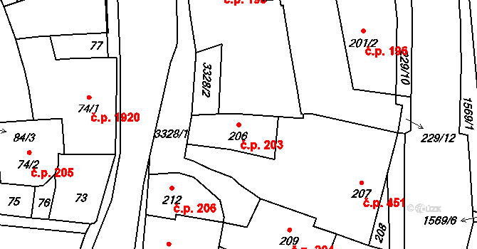 Pelhřimov 203 na parcele st. 206 v KÚ Pelhřimov, Katastrální mapa