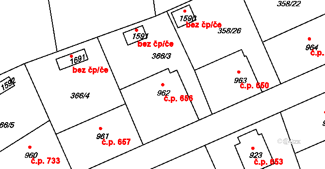 Pacov 656 na parcele st. 962 v KÚ Pacov, Katastrální mapa