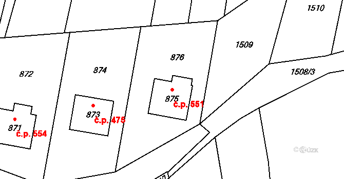 Jablůnka 551 na parcele st. 875 v KÚ Jablůnka, Katastrální mapa
