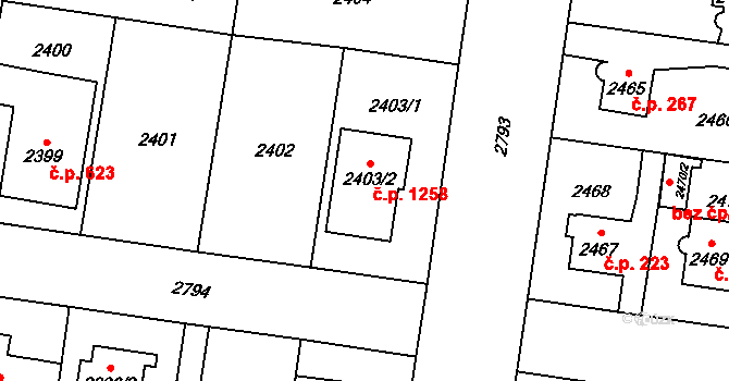 Kyje 1258, Praha na parcele st. 2403/2 v KÚ Kyje, Katastrální mapa