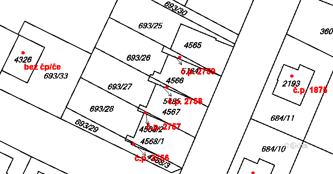 Dvůr Králové nad Labem 2758 na parcele st. 4566 v KÚ Dvůr Králové nad Labem, Katastrální mapa