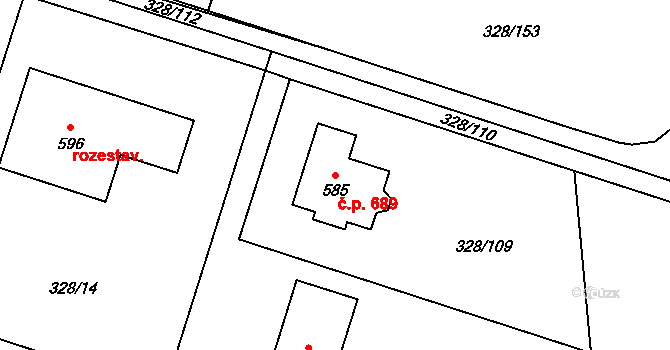 Struhařov 689, Kamenice na parcele st. 585 v KÚ Štiřín, Katastrální mapa