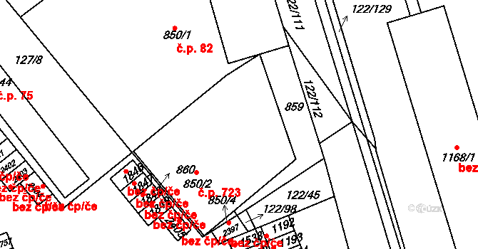 Lobeček 723, Kralupy nad Vltavou na parcele st. 850/2 v KÚ Lobeček, Katastrální mapa