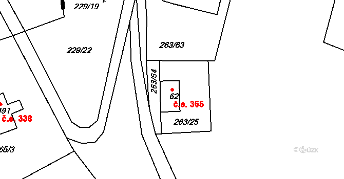 Hostěradice 365, Kamenný Přívoz na parcele st. 62 v KÚ Hostěradice, Katastrální mapa