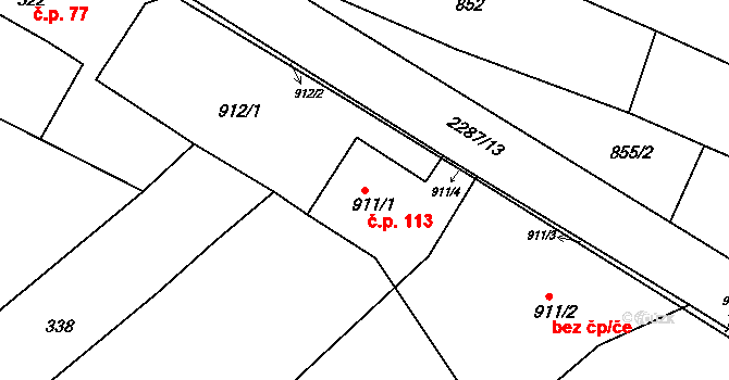 Krásné Pole 113, Ostrava na parcele st. 911/1 v KÚ Krásné Pole, Katastrální mapa