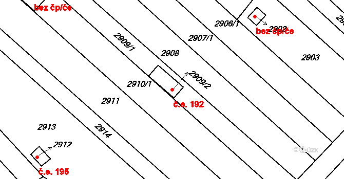 Lužice 192 na parcele st. 2909/2 v KÚ Lužice u Hodonína, Katastrální mapa