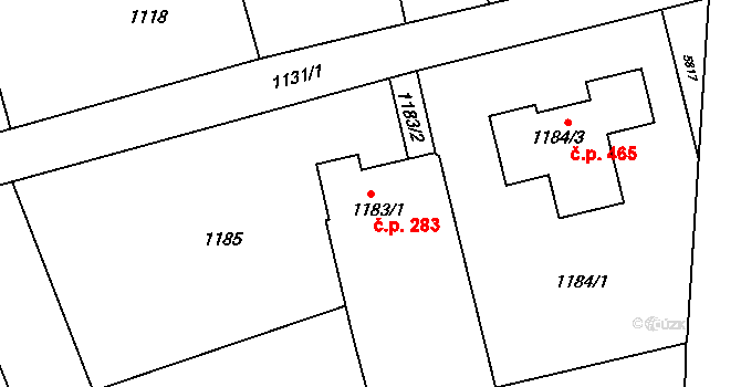 Tupesy 283 na parcele st. 1183/1 v KÚ Tupesy na Moravě, Katastrální mapa