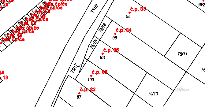 Mariánské Radčice 86 na parcele st. 101 v KÚ Mariánské Radčice, Katastrální mapa