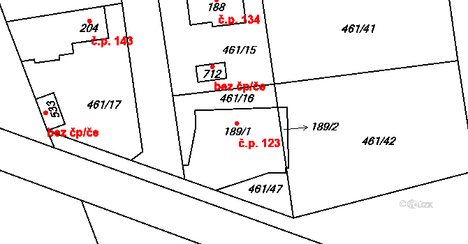 Třebotov 123 na parcele st. 189/1 v KÚ Třebotov, Katastrální mapa