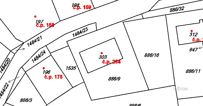 Lhenice 264 na parcele st. 303 v KÚ Lhenice, Katastrální mapa