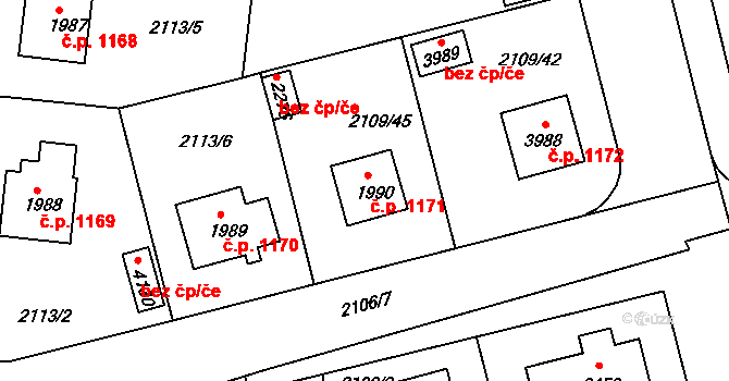 Humpolec 1171 na parcele st. 1990 v KÚ Humpolec, Katastrální mapa