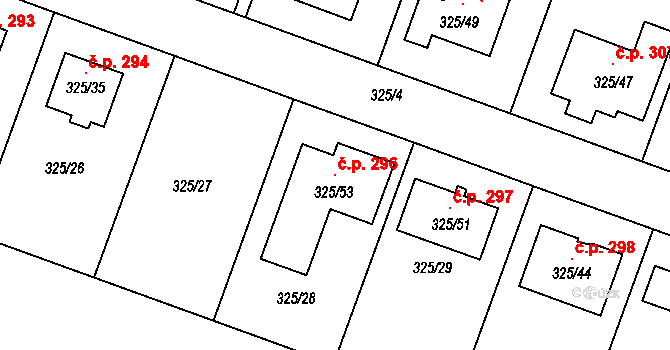 Hlušovice 296 na parcele st. 325/53 v KÚ Hlušovice, Katastrální mapa
