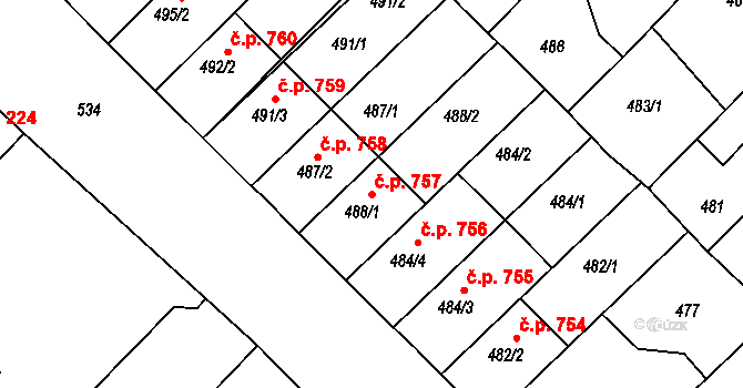 Lužice 757 na parcele st. 488/1 v KÚ Lužice u Hodonína, Katastrální mapa