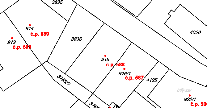 Planá 588 na parcele st. 915 v KÚ Planá u Mariánských Lázní, Katastrální mapa