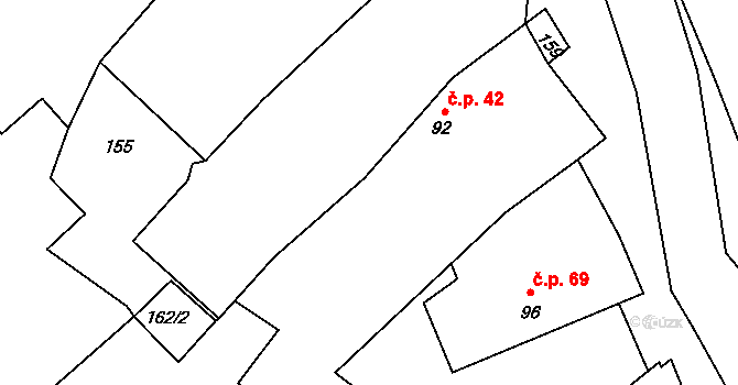 Hředle 42 na parcele st. 92 v KÚ Hředle u Zdic, Katastrální mapa