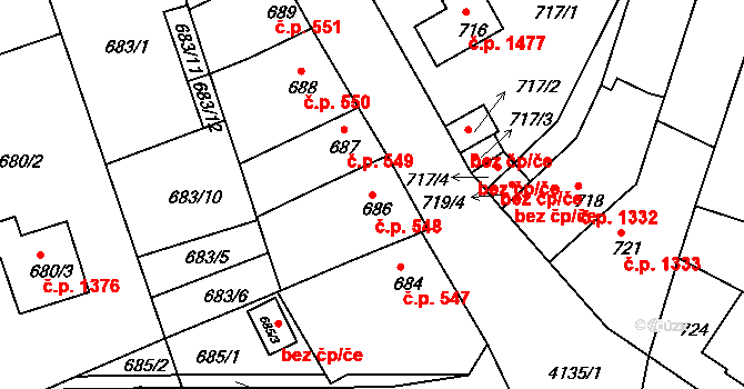 Roudnice nad Labem 548 na parcele st. 686 v KÚ Roudnice nad Labem, Katastrální mapa