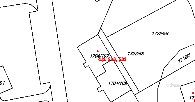 Miřetice u Klášterce nad Ohří 532,533, Klášterec nad Ohří na parcele st. 1704/107 v KÚ Miřetice u Klášterce nad Ohří, Katastrální mapa