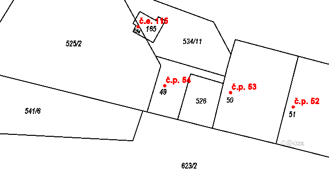 Hrušov 54 na parcele st. 49 v KÚ Hrušov nad Jizerou, Katastrální mapa