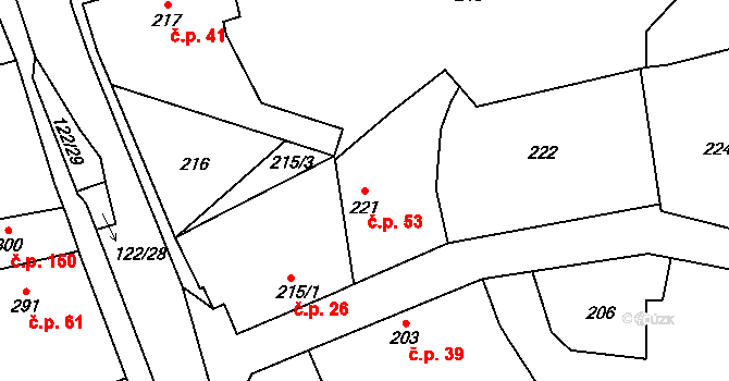 Šeberov 53, Praha na parcele st. 221 v KÚ Šeberov, Katastrální mapa