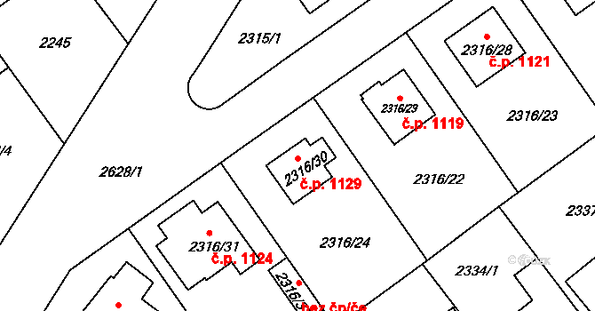 Radotín 1129, Praha na parcele st. 2316/30 v KÚ Radotín, Katastrální mapa
