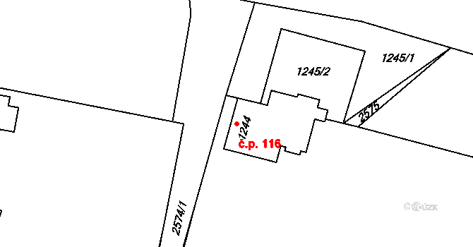 Hloubětín 116, Praha na parcele st. 1244 v KÚ Hloubětín, Katastrální mapa