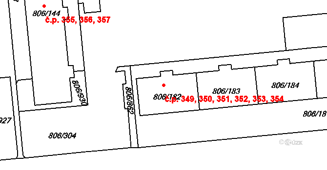 Malešice 349,350,351,352,353,, Praha na parcele st. 806/182 v KÚ Malešice, Katastrální mapa