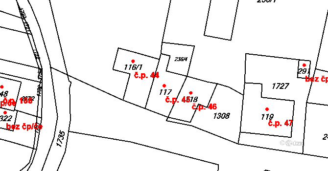 Pilníkov 45 na parcele st. 117 v KÚ Pilníkov I, Katastrální mapa