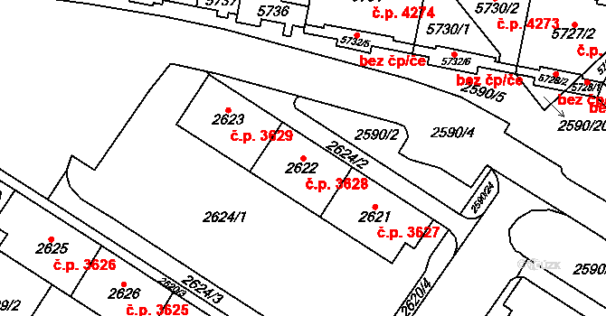 Chomutov 3628 na parcele st. 2622 v KÚ Chomutov I, Katastrální mapa