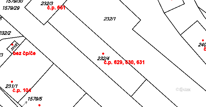 Zbýšov 629,630,631 na parcele st. 232/4 v KÚ Zbýšov u Oslavan, Katastrální mapa