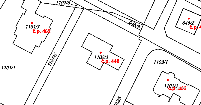 Hřebeč 448 na parcele st. 1102/3 v KÚ Hřebeč, Katastrální mapa