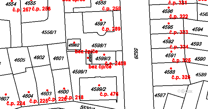 Doudlevce 2458, Plzeň na parcele st. 4599/3 v KÚ Plzeň, Katastrální mapa