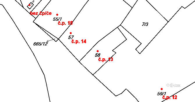 Katusice 13 na parcele st. 58 v KÚ Katusice, Katastrální mapa