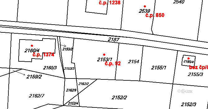 Lutyně 92, Orlová na parcele st. 2153/1 v KÚ Horní Lutyně, Katastrální mapa