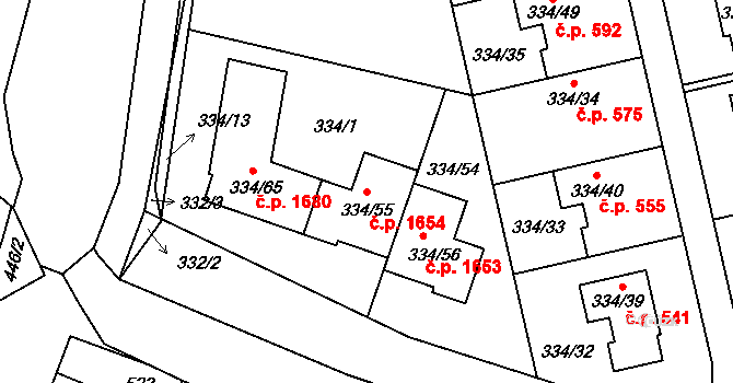 Kunovice 1654 na parcele st. 334/55 v KÚ Kunovice u Uherského Hradiště, Katastrální mapa