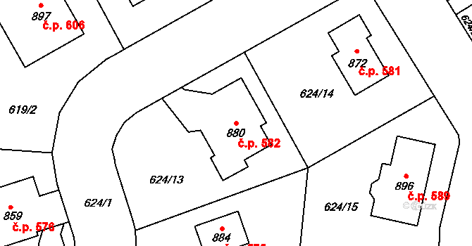 Velké Poříčí 582 na parcele st. 880 v KÚ Velké Poříčí, Katastrální mapa
