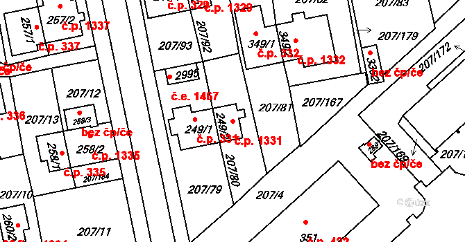 Sezimovo Ústí 1331 na parcele st. 249/2 v KÚ Sezimovo Ústí, Katastrální mapa