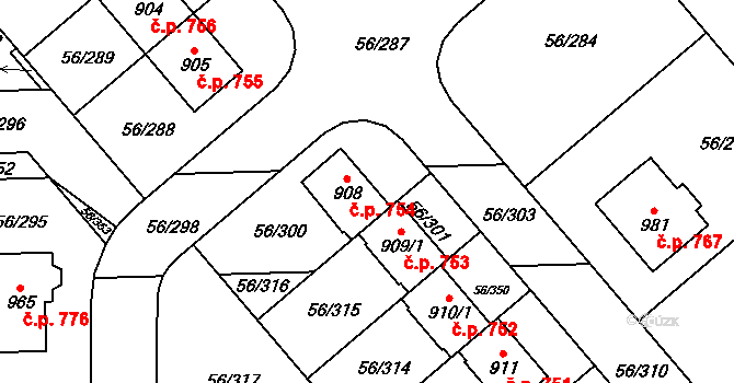Hovorčovice 754 na parcele st. 908 v KÚ Hovorčovice, Katastrální mapa