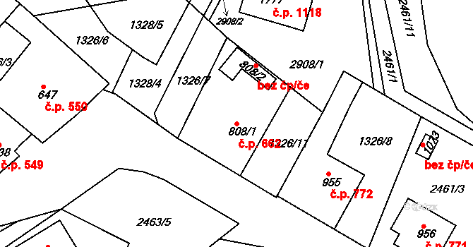 Luhačovice 662 na parcele st. 808/1 v KÚ Luhačovice, Katastrální mapa