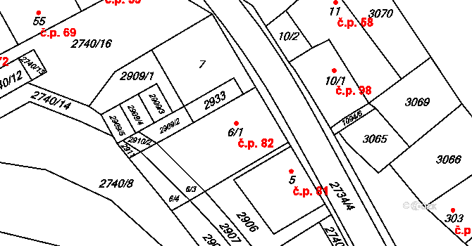 Veletiny 82 na parcele st. 6/1 v KÚ Veletiny, Katastrální mapa