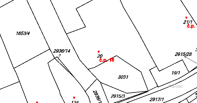 Horní Bělá 16 na parcele st. 20 v KÚ Horní Bělá, Katastrální mapa