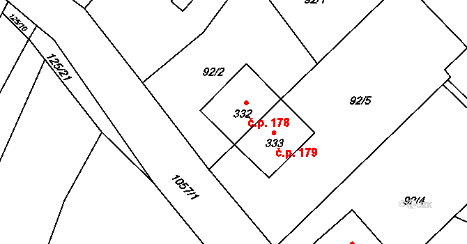 Ovčáry 178 na parcele st. 332 v KÚ Ovčáry u Dřís, Katastrální mapa