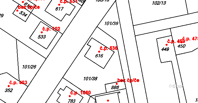 Rudná 536 na parcele st. 616 v KÚ Dušníky u Rudné, Katastrální mapa