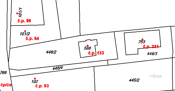 Kytín 133 na parcele st. 588 v KÚ Kytín, Katastrální mapa