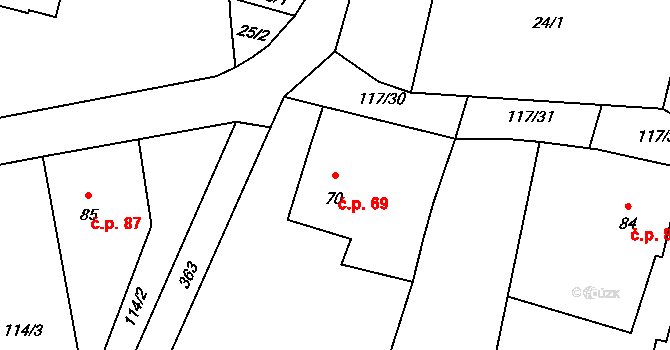 Chotoviny 69 na parcele st. 70 v KÚ Chotoviny, Katastrální mapa