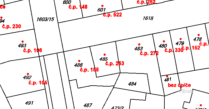 Hronov 253 na parcele st. 485 v KÚ Hronov, Katastrální mapa