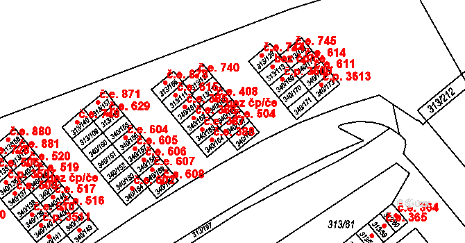 Vyškov-Předměstí 504, Vyškov na parcele st. 340/167 v KÚ Vyškov, Katastrální mapa