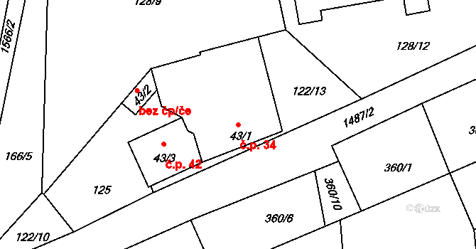 Bušanovice 34 na parcele st. 43/1 v KÚ Bušanovice, Katastrální mapa