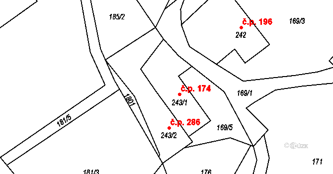 Rybí 174 na parcele st. 243/1 v KÚ Rybí, Katastrální mapa